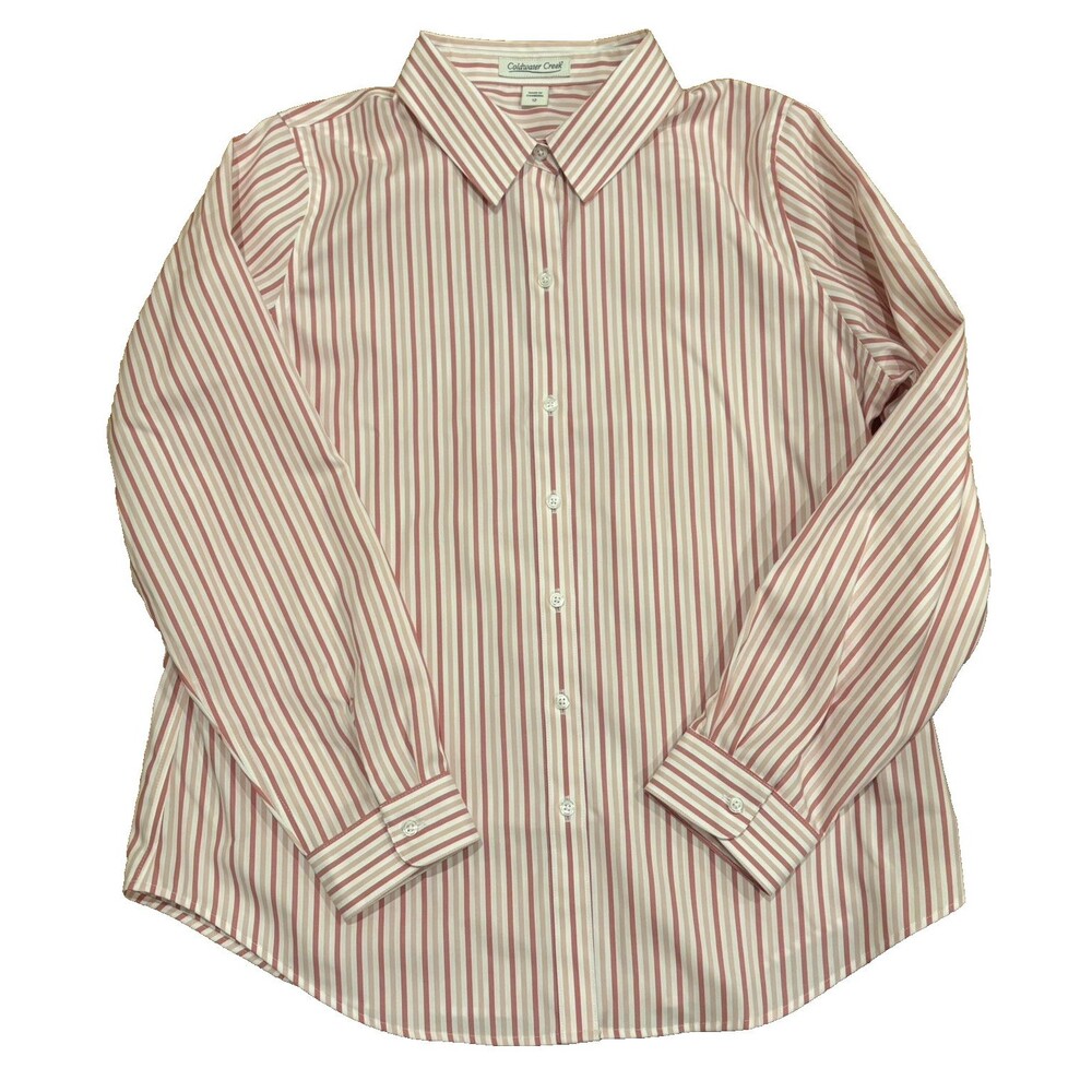 Coldwater Creek Shirt Womens 12 Pink Stripe Button Front 100% Cotton Preppy NEW